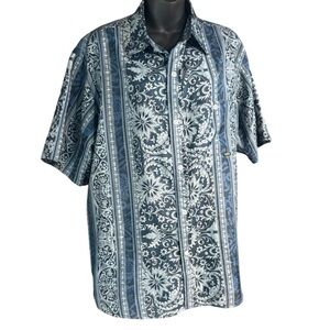 Tavaru Hawaiian aloha shirt distinct blue white "tapa" or tribal-inspired  print